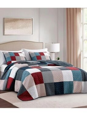 3 piece cotton king patchwork quilt set solid polka dot striped lightweight